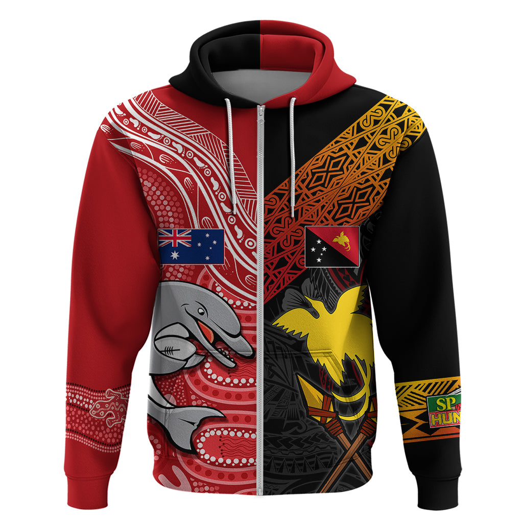 Personalised PNG Hunters Mix Aussie Dolphins Rugby Hoodie Motu and Aboriginal Half-Half LT7 - Vibe Hoodie Shop