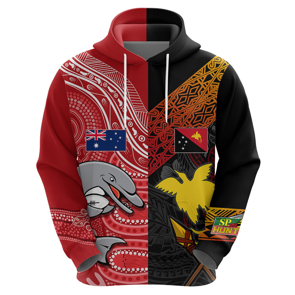 Personalised PNG Hunters Mix Aussie Dolphins Rugby Hoodie Motu and Aboriginal Half-Half LT7 - Vibe Hoodie Shop