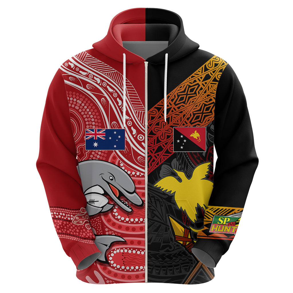 Personalised PNG Hunters Mix Aussie Dolphins Rugby Hoodie Motu and Aboriginal Half-Half LT7 - Vibe Hoodie Shop