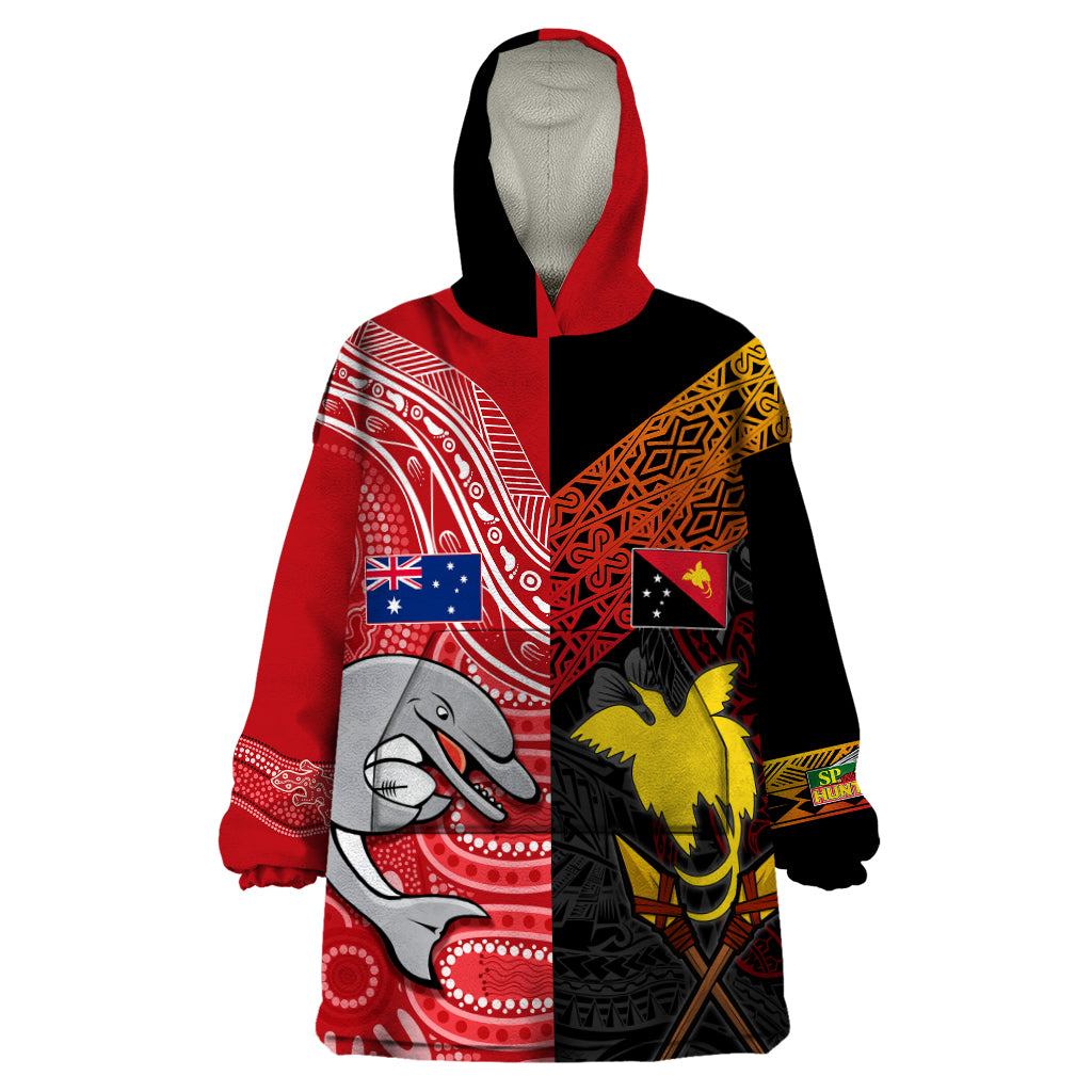 Personalised PNG Hunters Mix Aussie Dolphins Rugby Wearable Blanket Hoodie Motu and Aboriginal Half-Half - Vibe Hoodie Shop