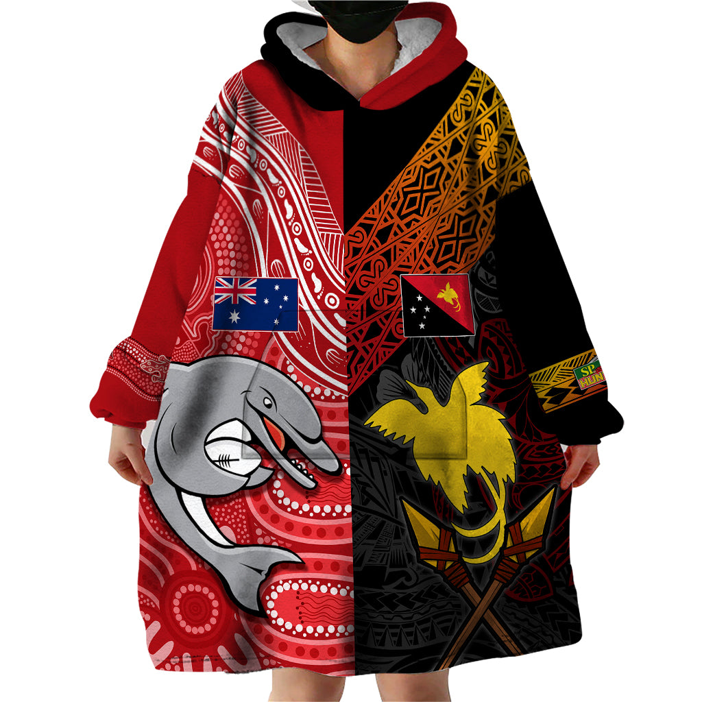 Personalised PNG Hunters Mix Aussie Dolphins Rugby Wearable Blanket Hoodie Motu and Aboriginal Half-Half - Vibe Hoodie Shop