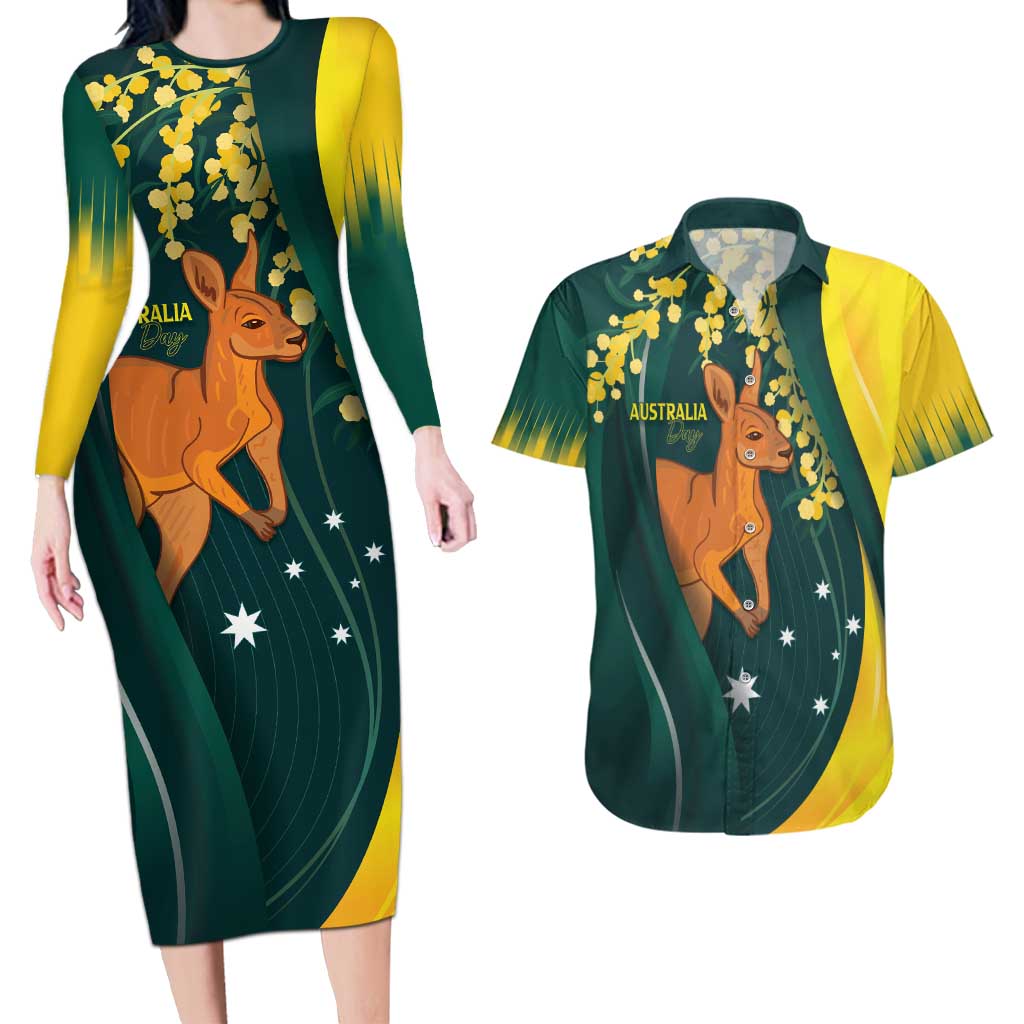 Australia Day Couples Matching Long Sleeve Bodycon Dress and Hawaiian Shirt Kangaroo National Color