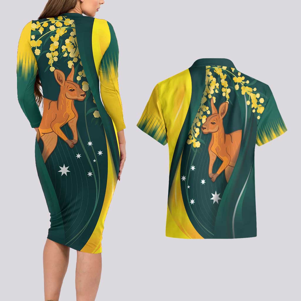 Australia Day Couples Matching Long Sleeve Bodycon Dress and Hawaiian Shirt Kangaroo National Color