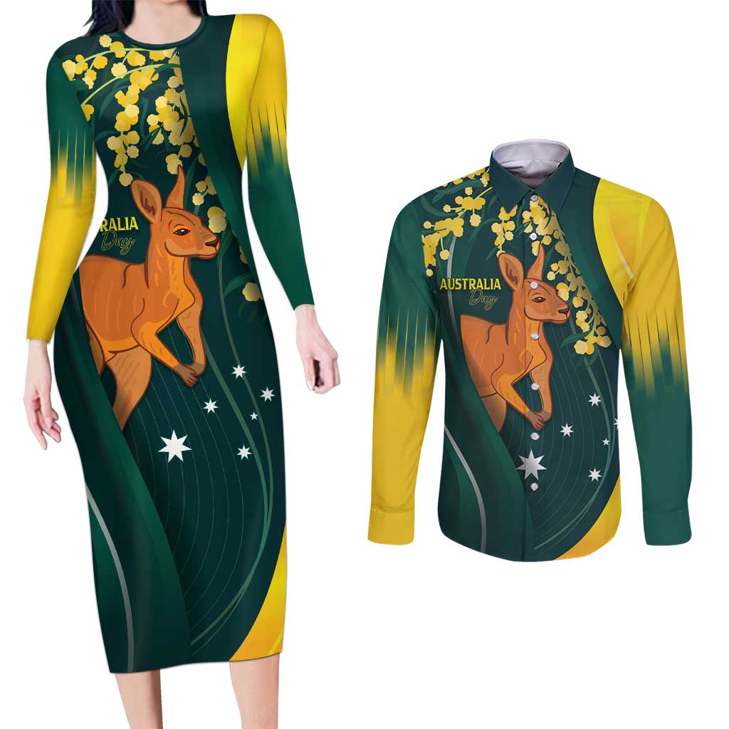 Australia Day Couples Matching Long Sleeve Bodycon Dress and Long Sleeve Button Shirt Kangaroo National Color