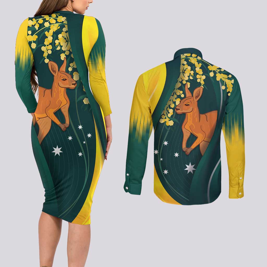 Australia Day Couples Matching Long Sleeve Bodycon Dress and Long Sleeve Button Shirt Kangaroo National Color