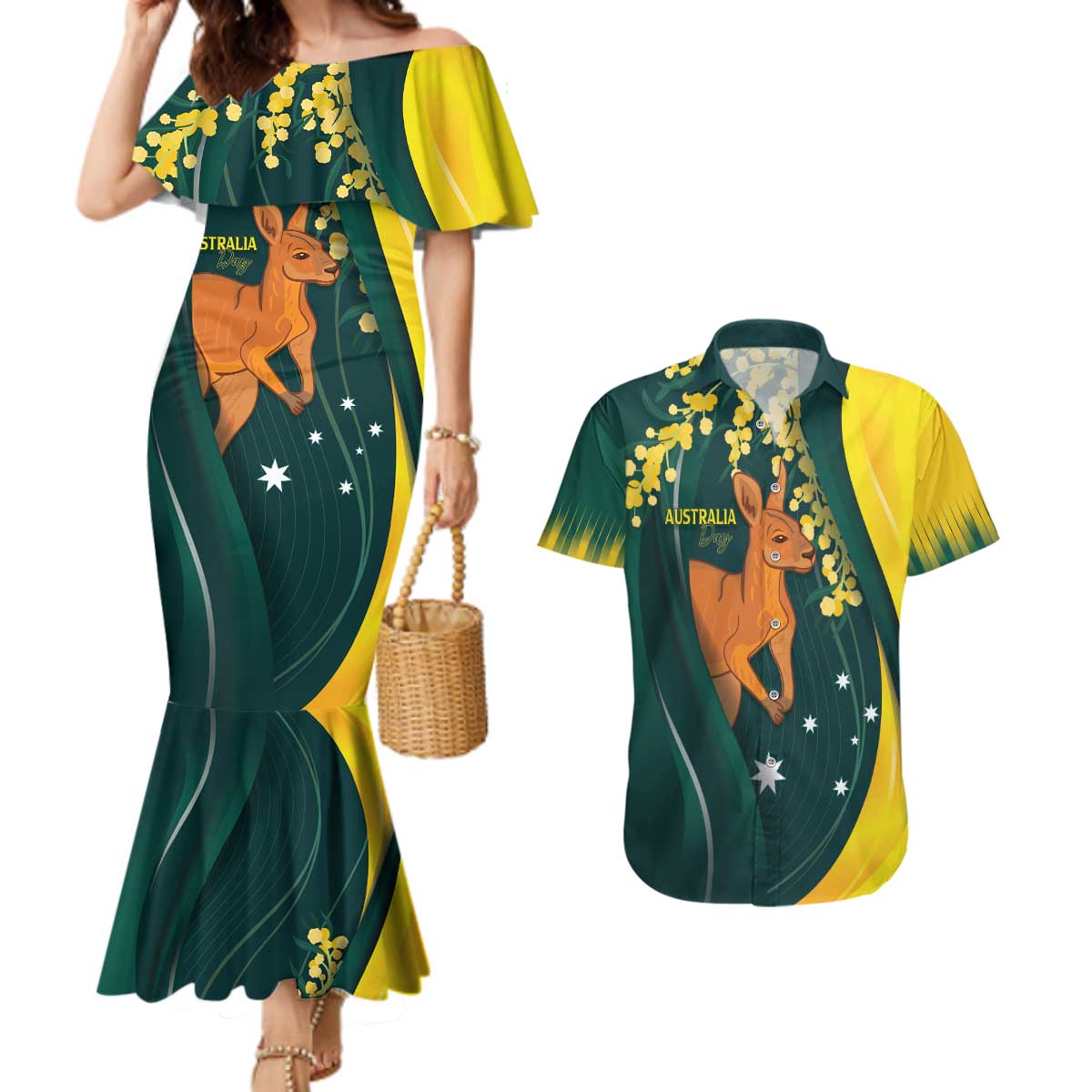 Australia Day Couples Matching Mermaid Dress and Hawaiian Shirt Kangaroo National Color