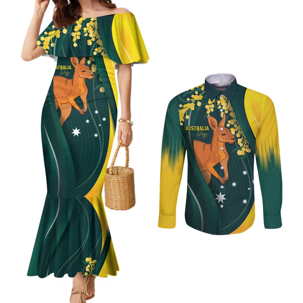 Australia Day Couples Matching Mermaid Dress and Long Sleeve Button Shirt Kangaroo National Color