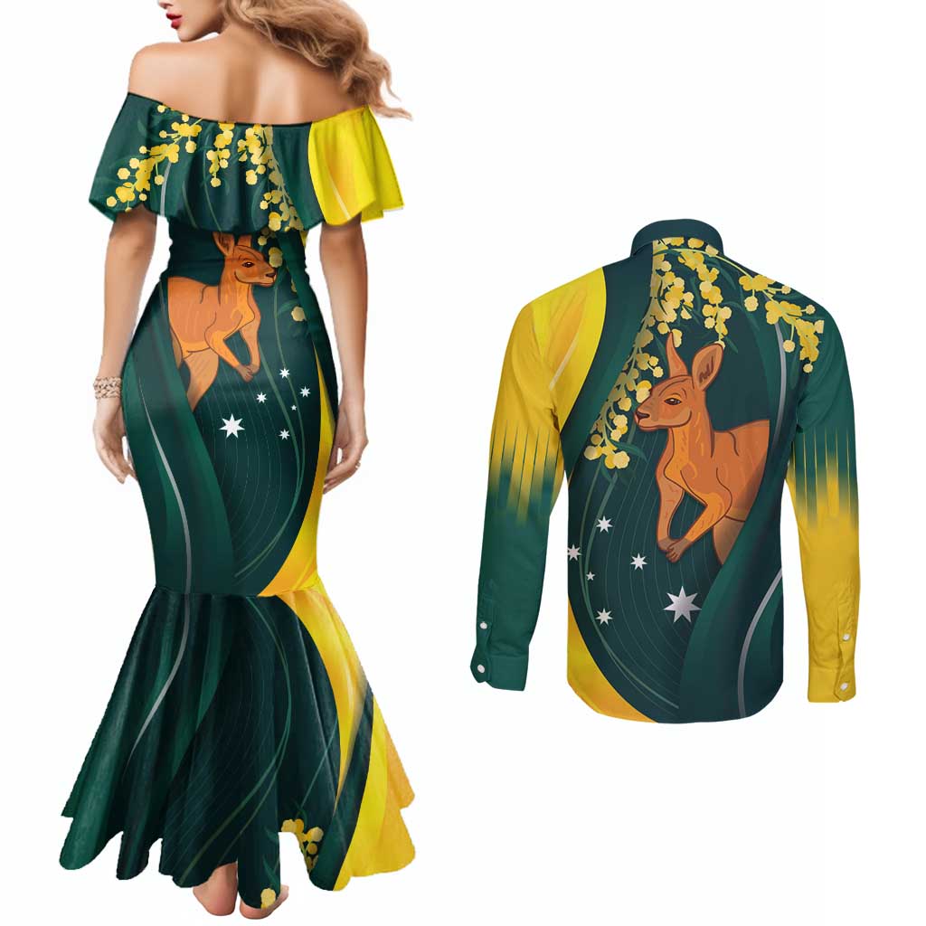 Australia Day Couples Matching Mermaid Dress and Long Sleeve Button Shirt Kangaroo National Color