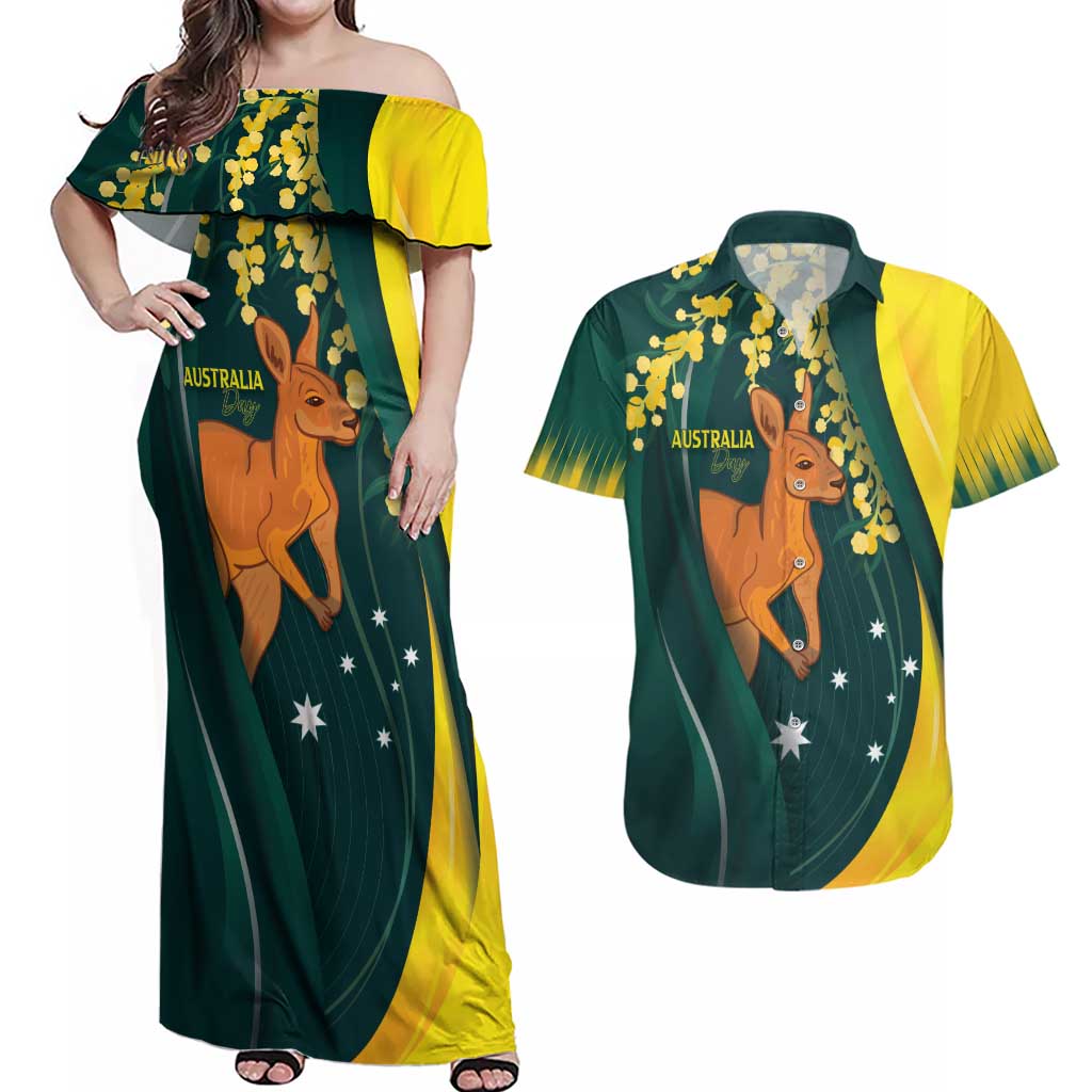 Australia Day Couples Matching Off Shoulder Maxi Dress and Hawaiian Shirt Kangaroo National Color