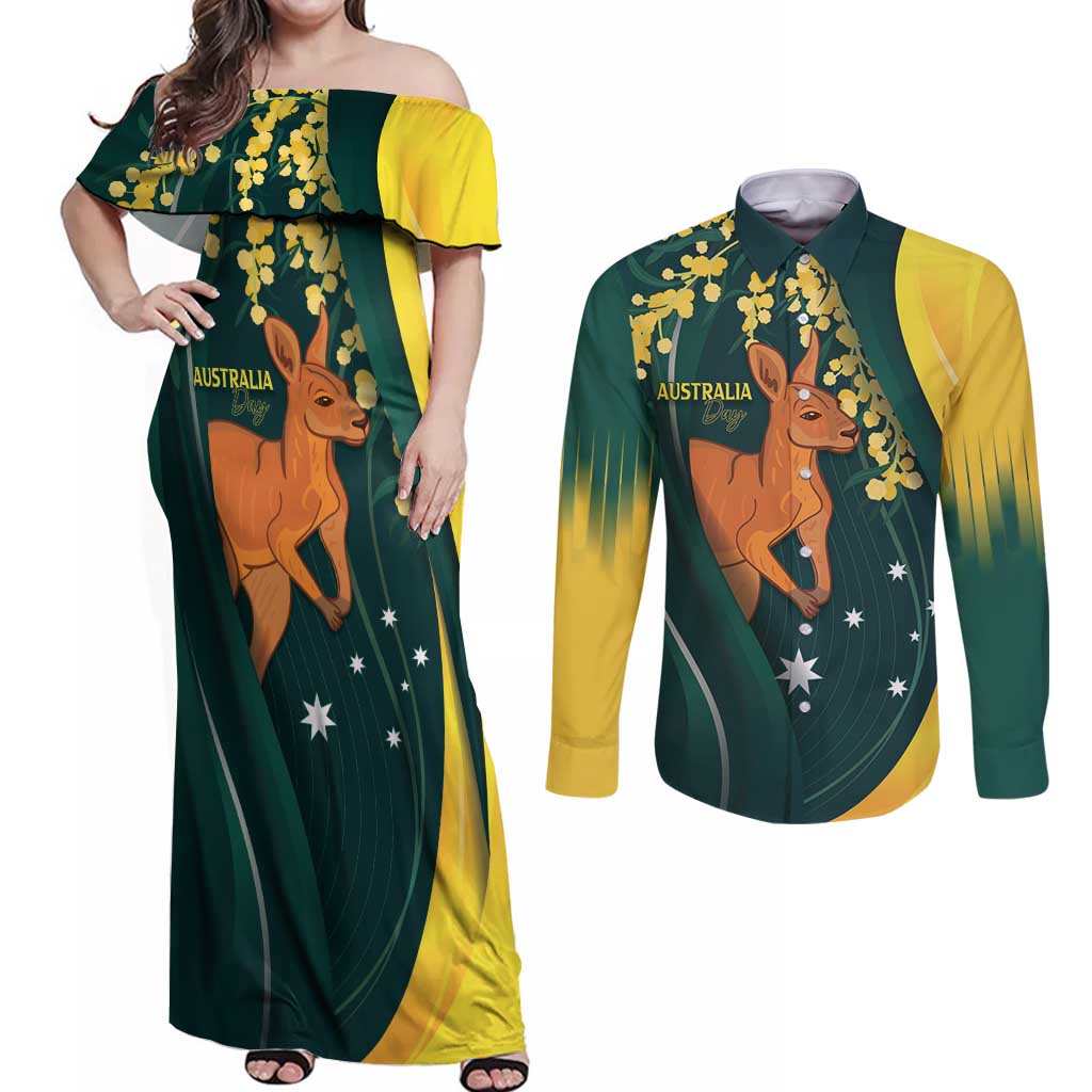 Australia Day Couples Matching Off Shoulder Maxi Dress and Long Sleeve Button Shirt Kangaroo National Color