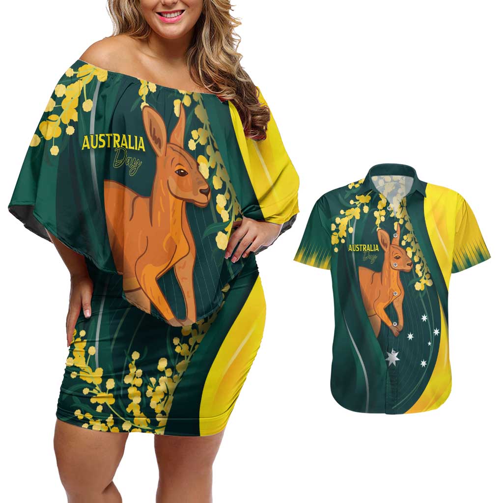 Australia Day Couples Matching Off Shoulder Short Dress and Hawaiian Shirt Kangaroo National Color