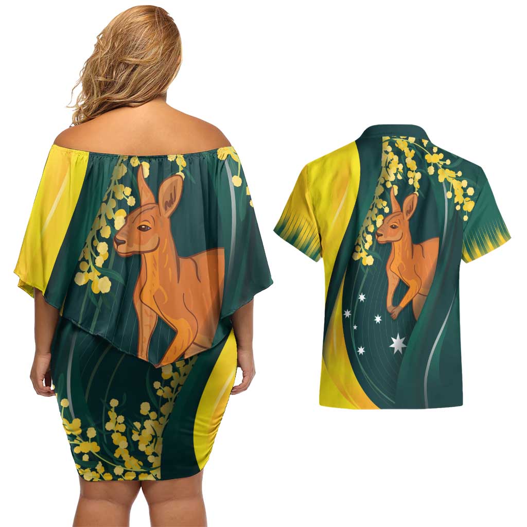 Australia Day Couples Matching Off Shoulder Short Dress and Hawaiian Shirt Kangaroo National Color