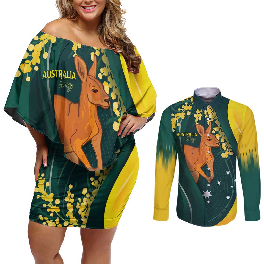 Australia Day Couples Matching Off Shoulder Short Dress and Long Sleeve Button Shirt Kangaroo National Color