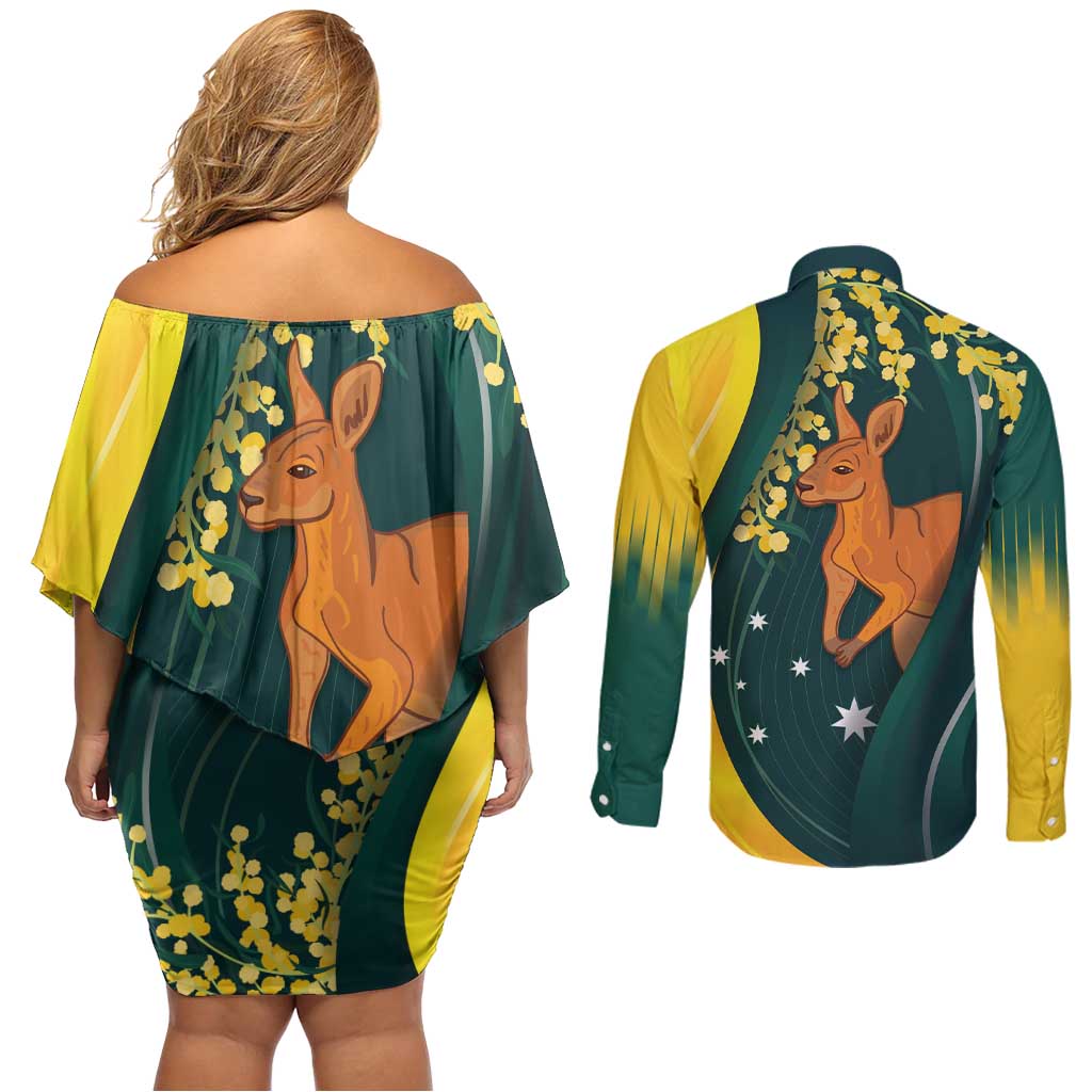 Australia Day Couples Matching Off Shoulder Short Dress and Long Sleeve Button Shirt Kangaroo National Color