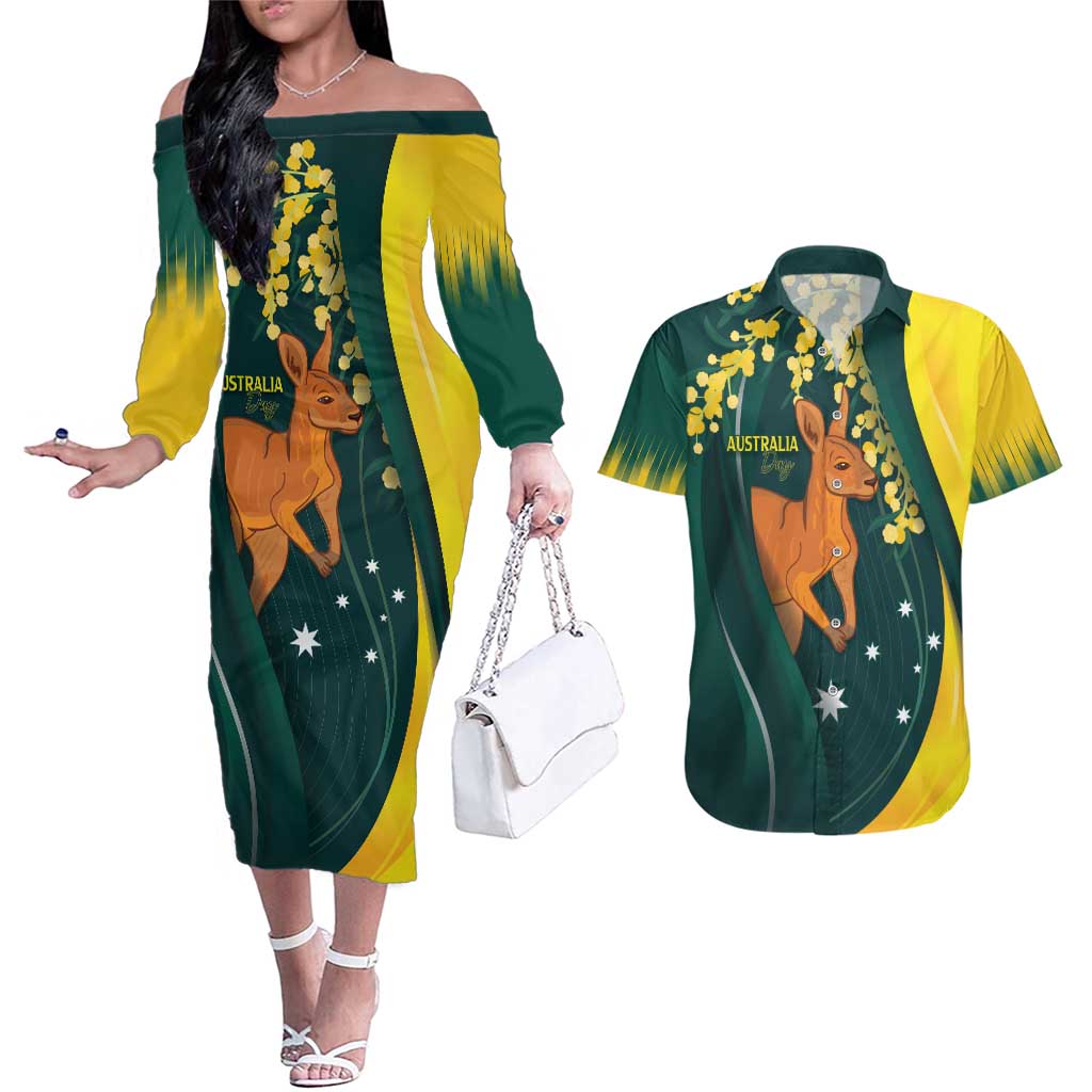 Australia Day Couples Matching Off The Shoulder Long Sleeve Dress and Hawaiian Shirt Kangaroo National Color