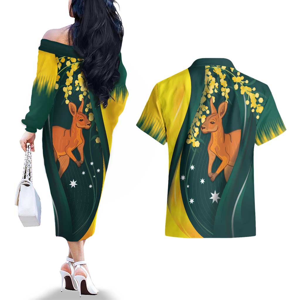 Australia Day Couples Matching Off The Shoulder Long Sleeve Dress and Hawaiian Shirt Kangaroo National Color