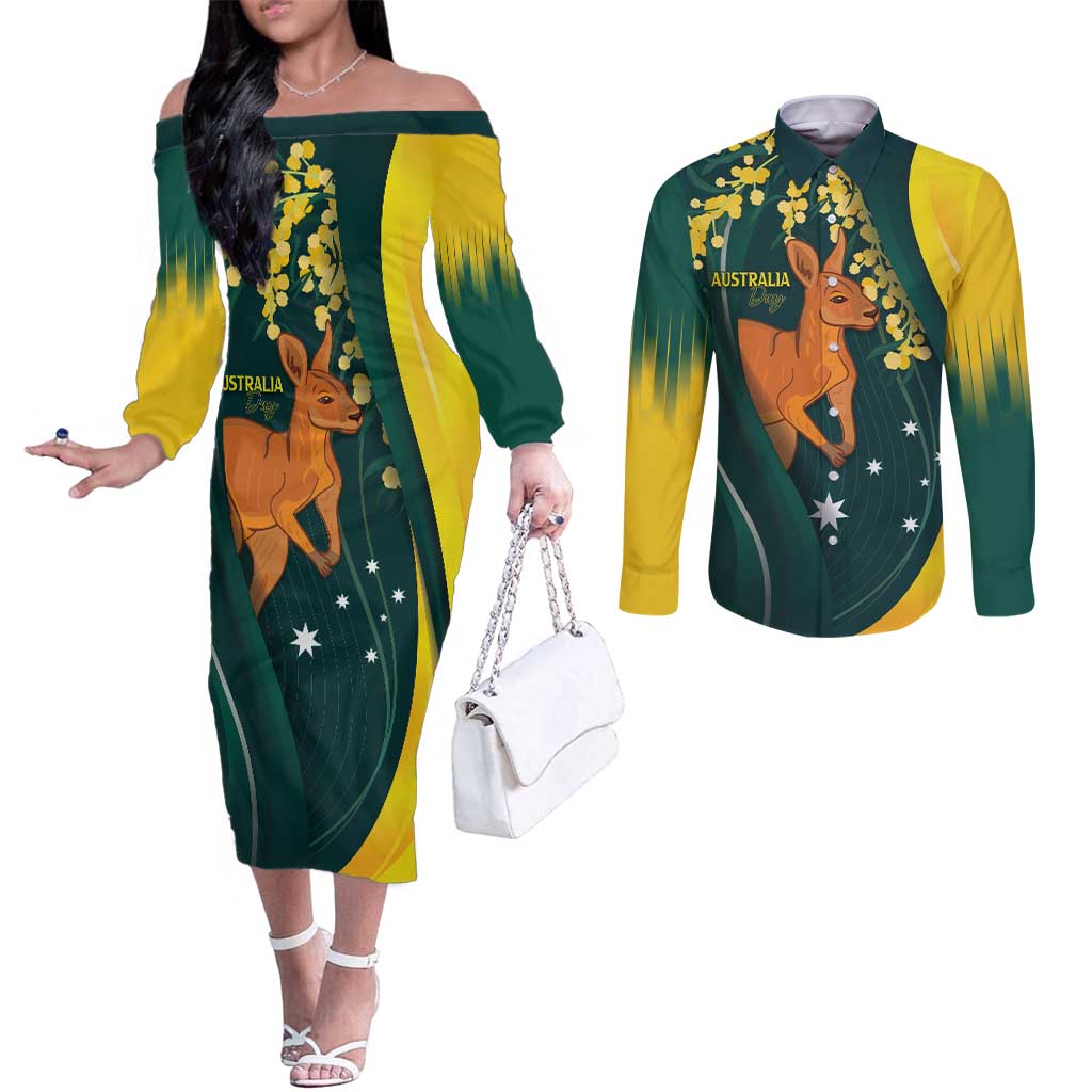 Australia Day Couples Matching Off The Shoulder Long Sleeve Dress and Long Sleeve Button Shirt Kangaroo National Color