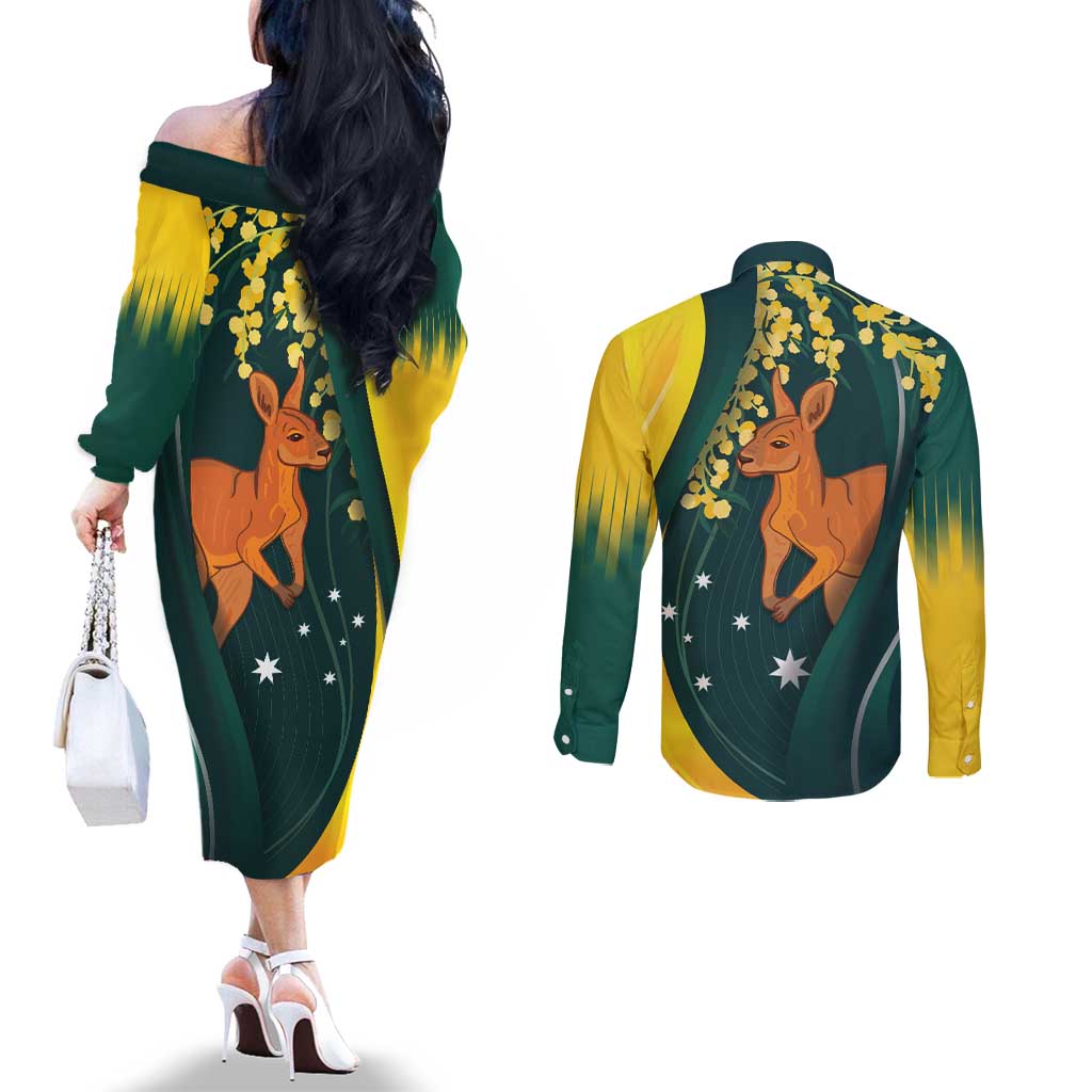 Australia Day Couples Matching Off The Shoulder Long Sleeve Dress and Long Sleeve Button Shirt Kangaroo National Color