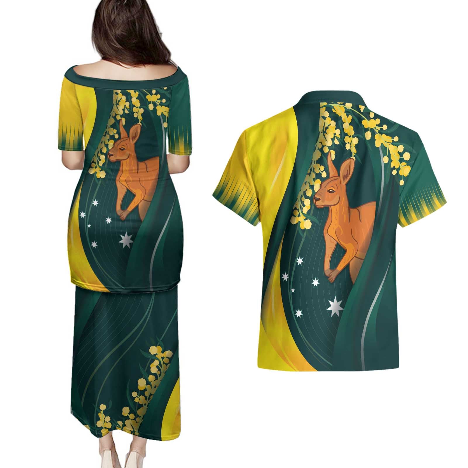 Australia Day Couples Matching Puletasi and Hawaiian Shirt Kangaroo National Color