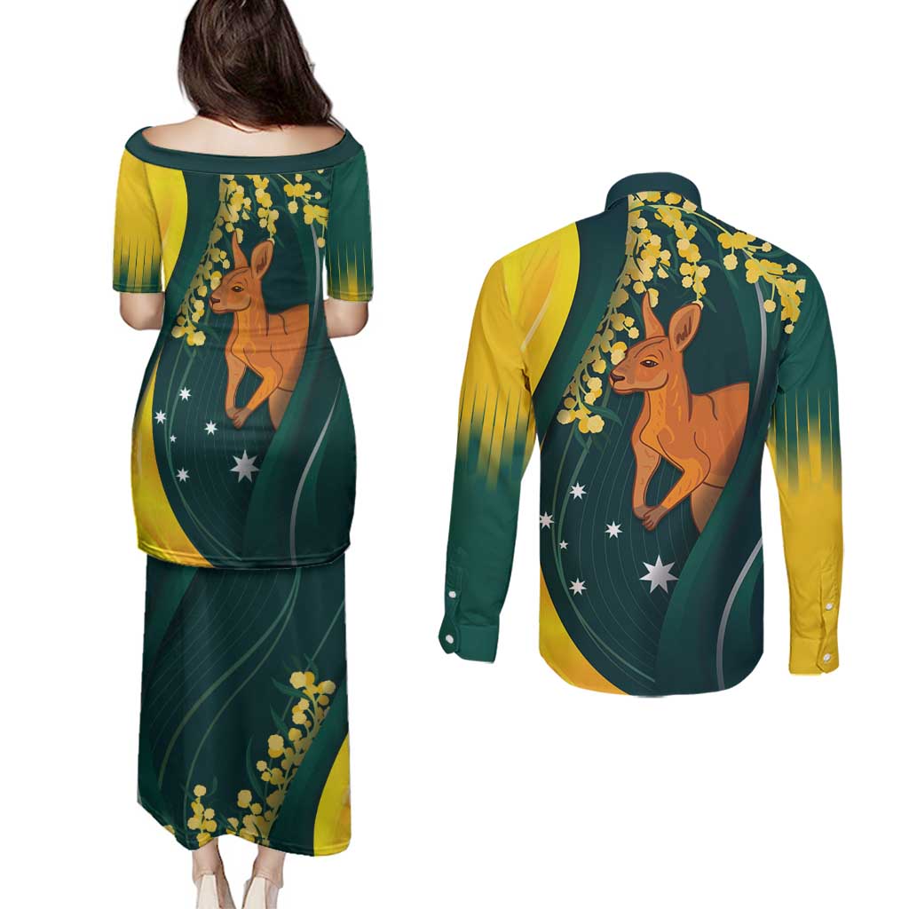 Australia Day Couples Matching Puletasi and Long Sleeve Button Shirt Kangaroo National Color