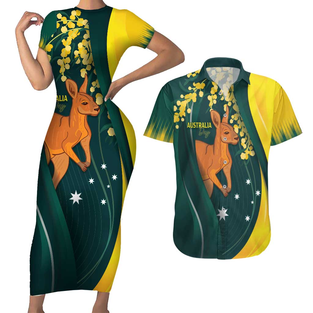 Australia Day Couples Matching Short Sleeve Bodycon Dress and Hawaiian Shirt Kangaroo National Color