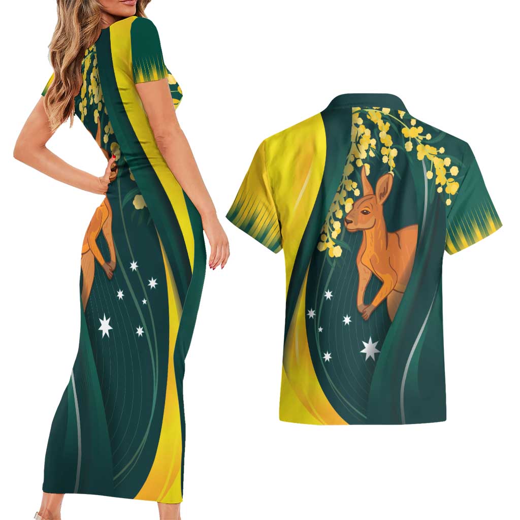 Australia Day Couples Matching Short Sleeve Bodycon Dress and Hawaiian Shirt Kangaroo National Color