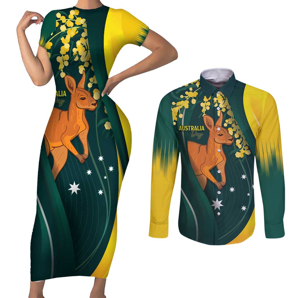 Australia Day Couples Matching Short Sleeve Bodycon Dress and Long Sleeve Button Shirt Kangaroo National Color