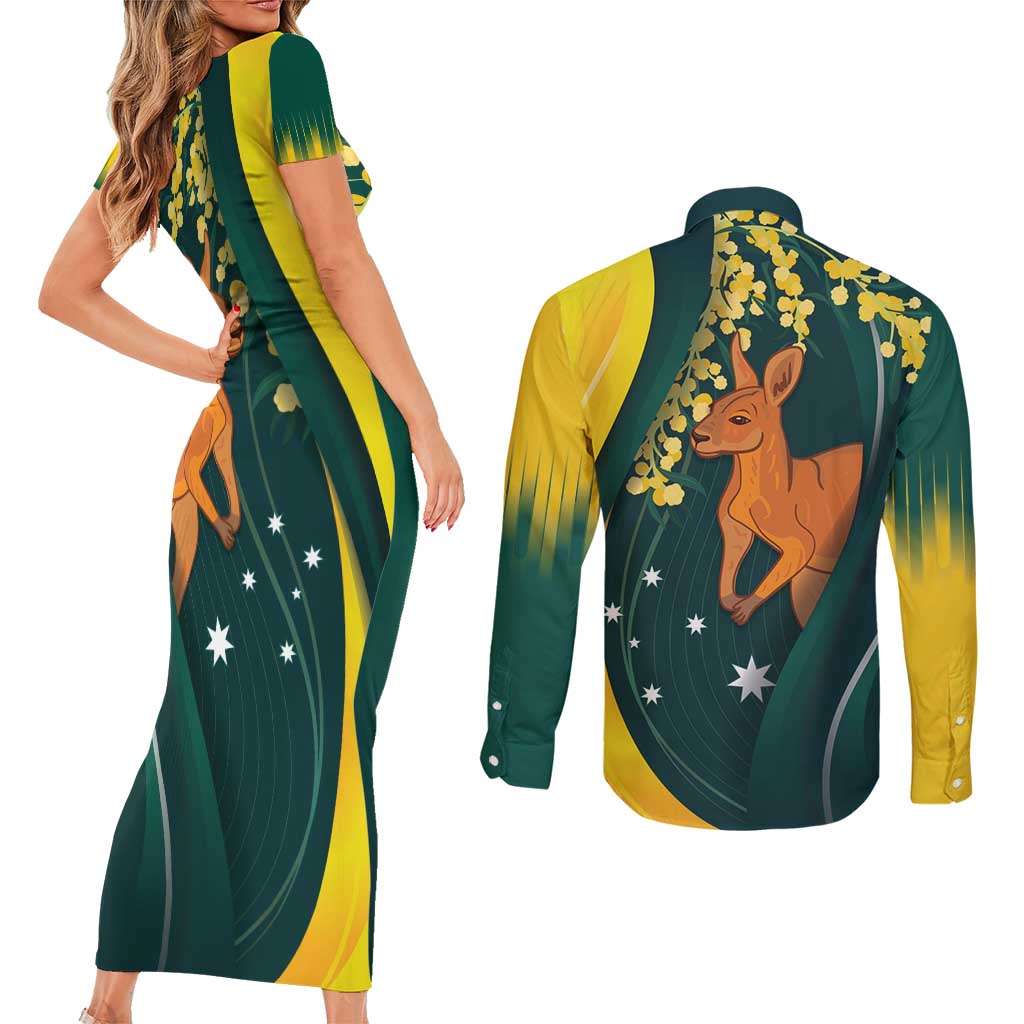 Australia Day Couples Matching Short Sleeve Bodycon Dress and Long Sleeve Button Shirt Kangaroo National Color