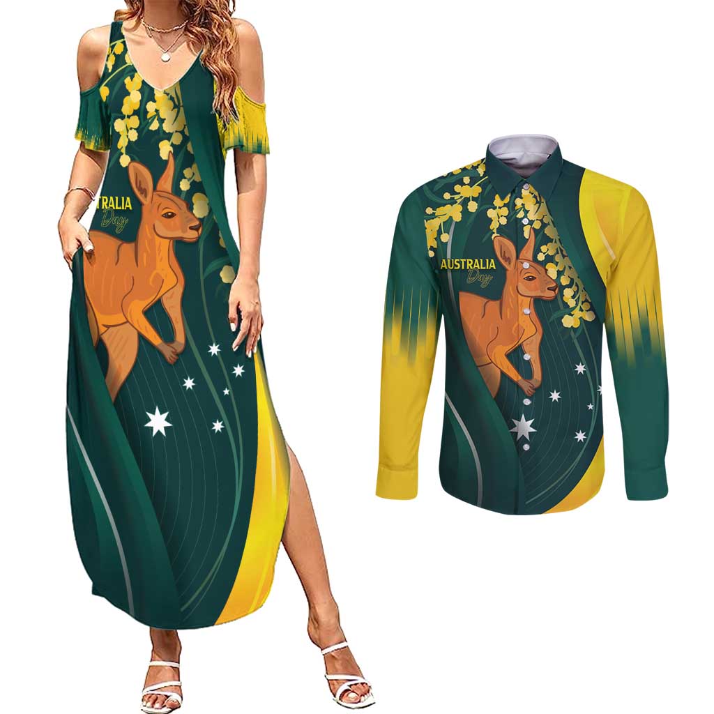 Australia Day Couples Matching Summer Maxi Dress and Long Sleeve Button Shirt Kangaroo National Color