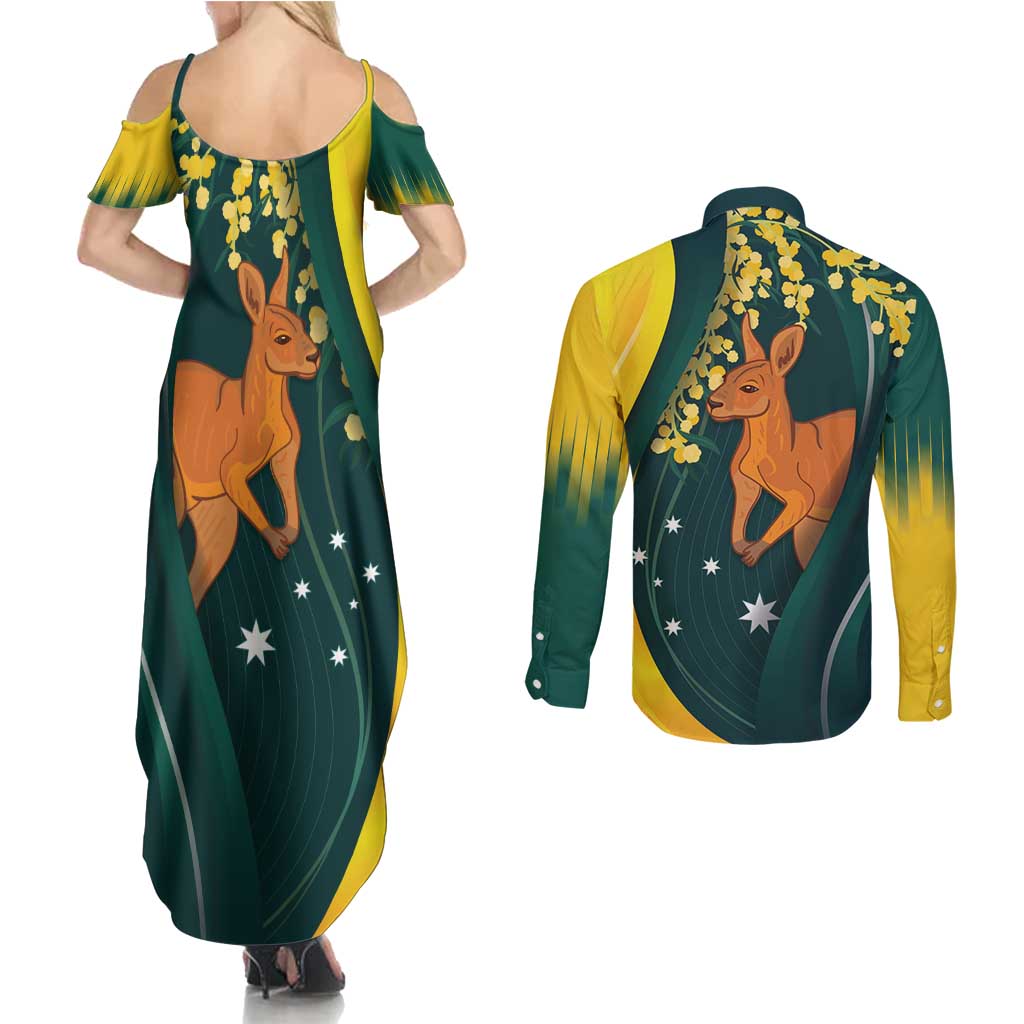 Australia Day Couples Matching Summer Maxi Dress and Long Sleeve Button Shirt Kangaroo National Color