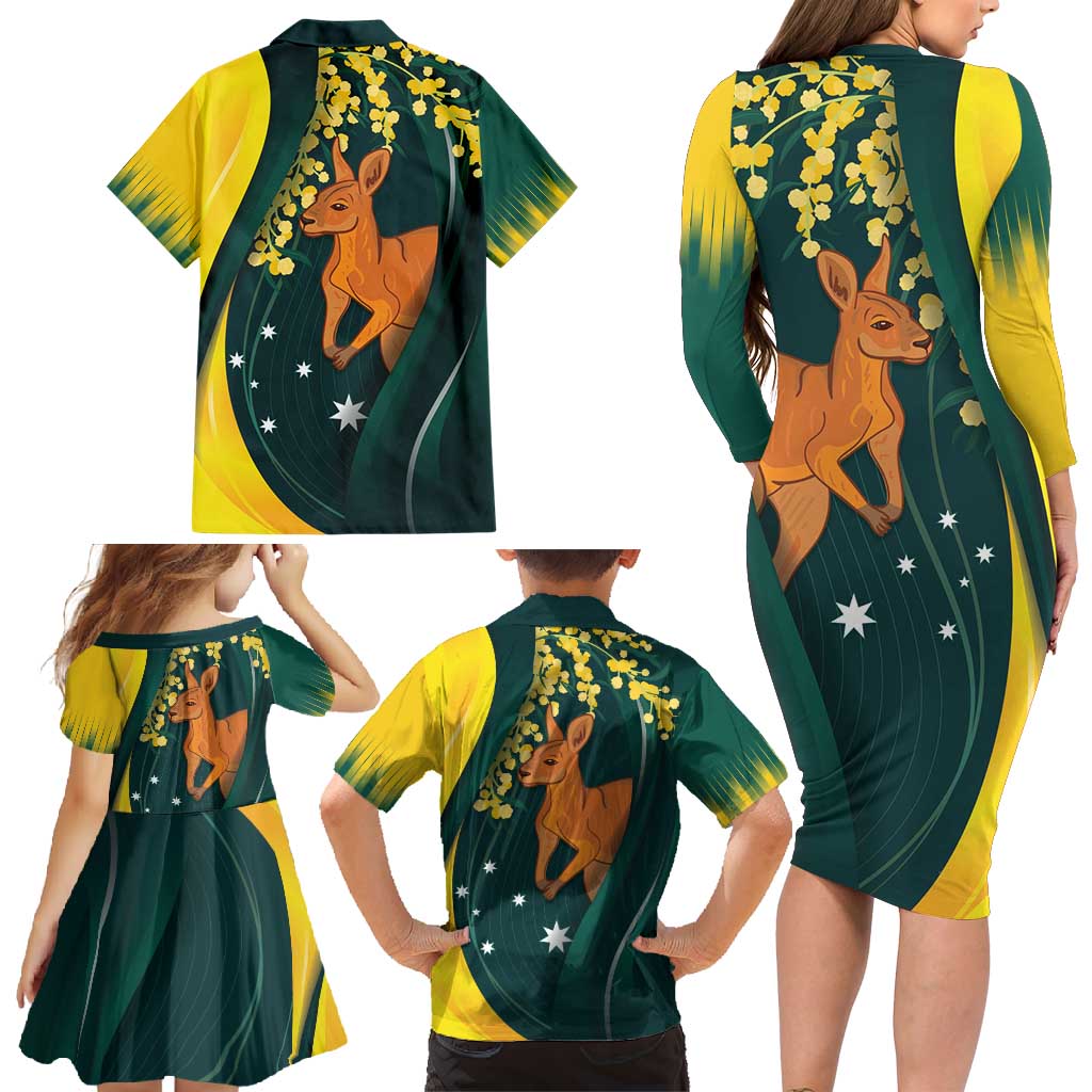 Australia Day Family Matching Long Sleeve Bodycon Dress and Hawaiian Shirt Kangaroo National Color