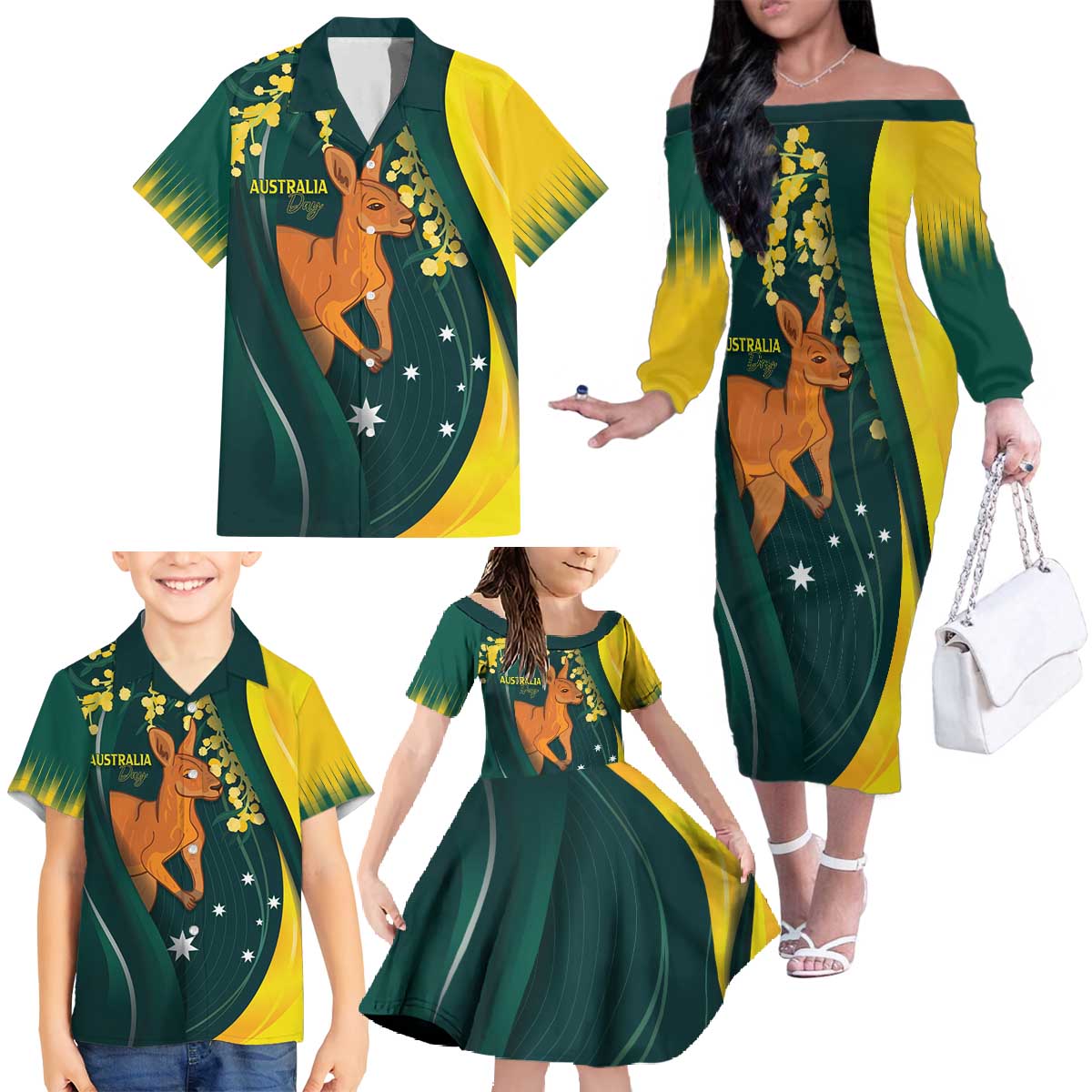 Australia Day Family Matching Off The Shoulder Long Sleeve Dress and Hawaiian Shirt Kangaroo National Color