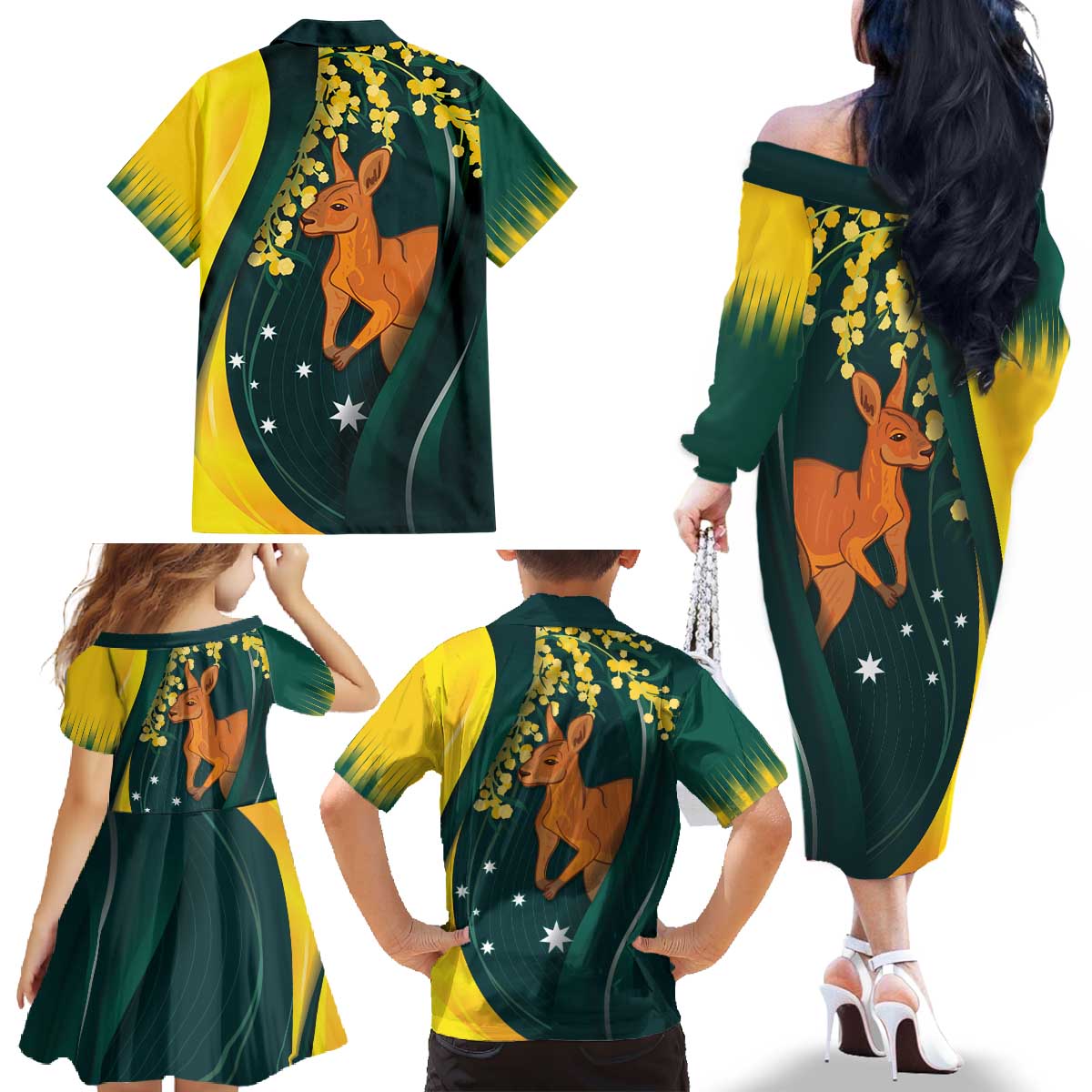 Australia Day Family Matching Off The Shoulder Long Sleeve Dress and Hawaiian Shirt Kangaroo National Color