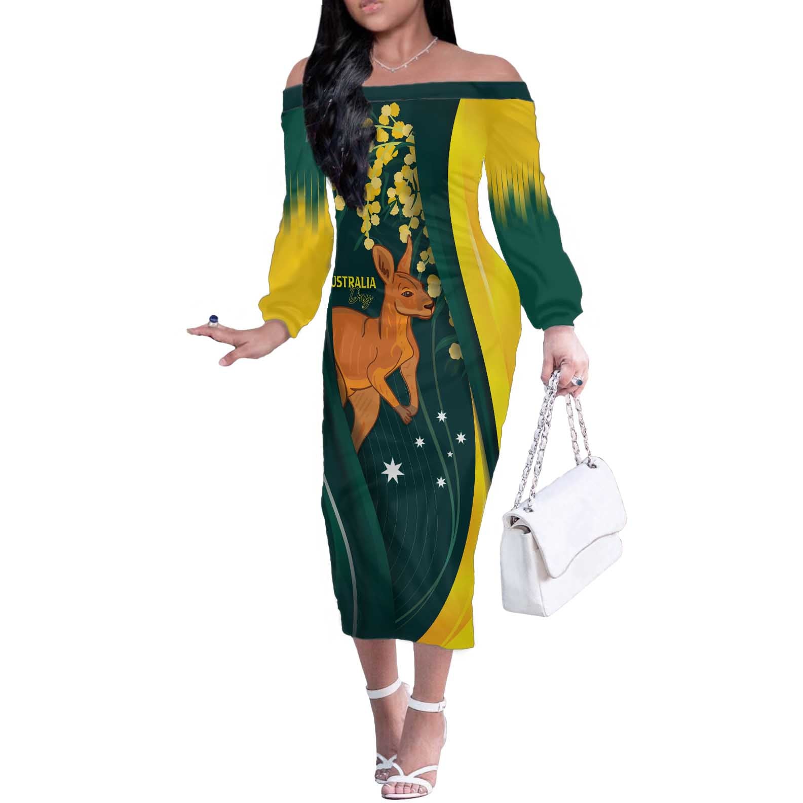 Australia Day Off The Shoulder Long Sleeve Dress Kangaroo National Color