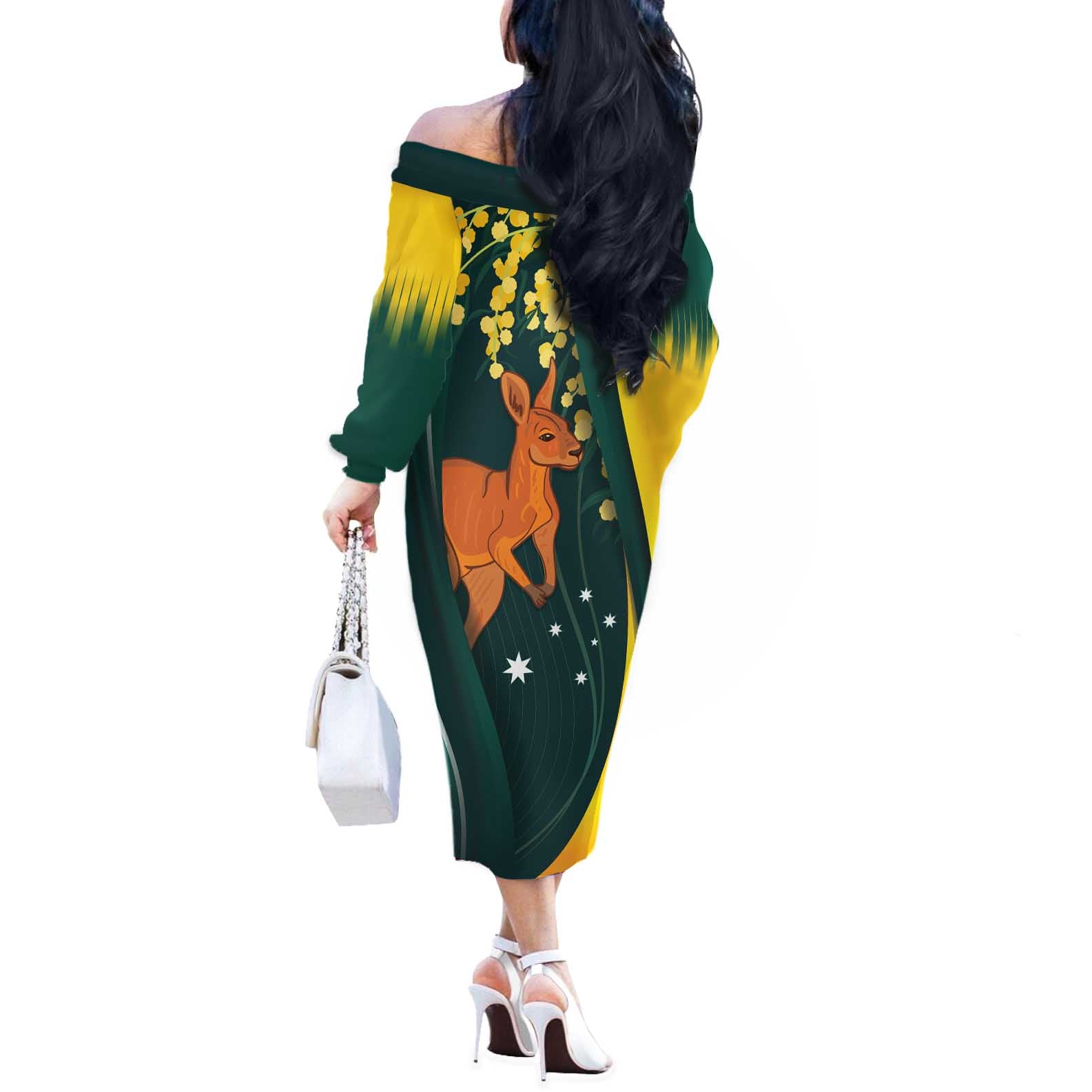 Australia Day Off The Shoulder Long Sleeve Dress Kangaroo National Color