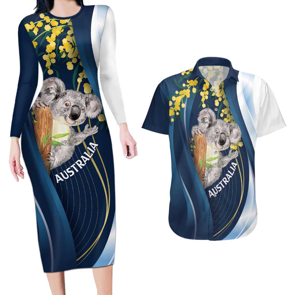 Australia Day Couples Matching Long Sleeve Bodycon Dress and Hawaiian Shirt Koala Blue Modern Vibe