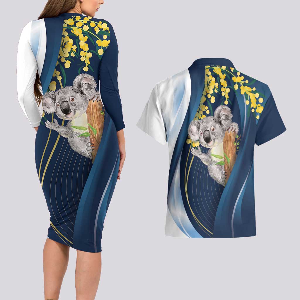 Australia Day Couples Matching Long Sleeve Bodycon Dress and Hawaiian Shirt Koala Blue Modern Vibe