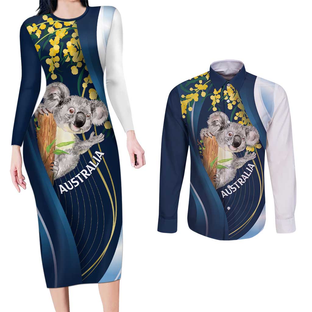 Australia Day Couples Matching Long Sleeve Bodycon Dress and Long Sleeve Button Shirt Koala Blue Modern Vibe