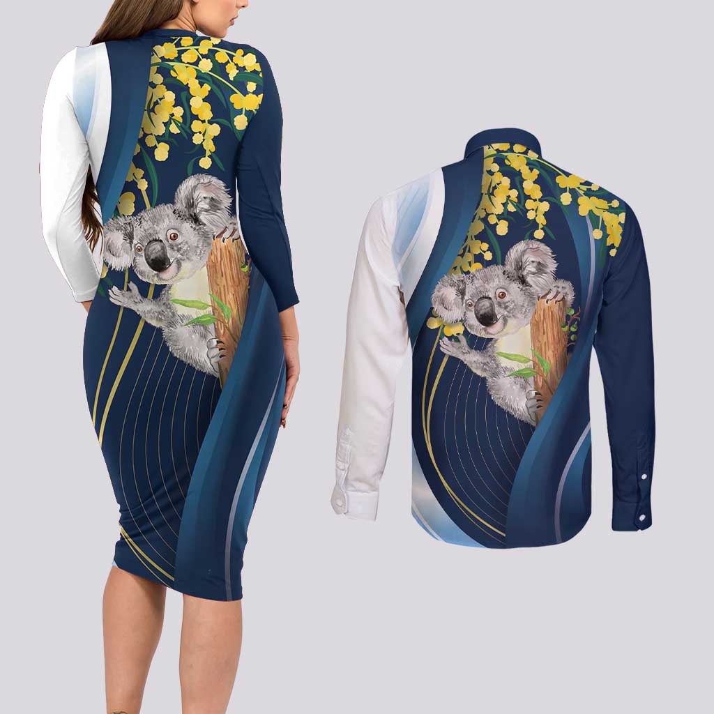 Australia Day Couples Matching Long Sleeve Bodycon Dress and Long Sleeve Button Shirt Koala Blue Modern Vibe