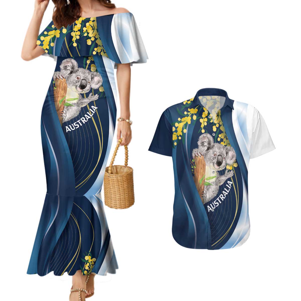 Australia Day Couples Matching Mermaid Dress and Hawaiian Shirt Koala Blue Modern Vibe