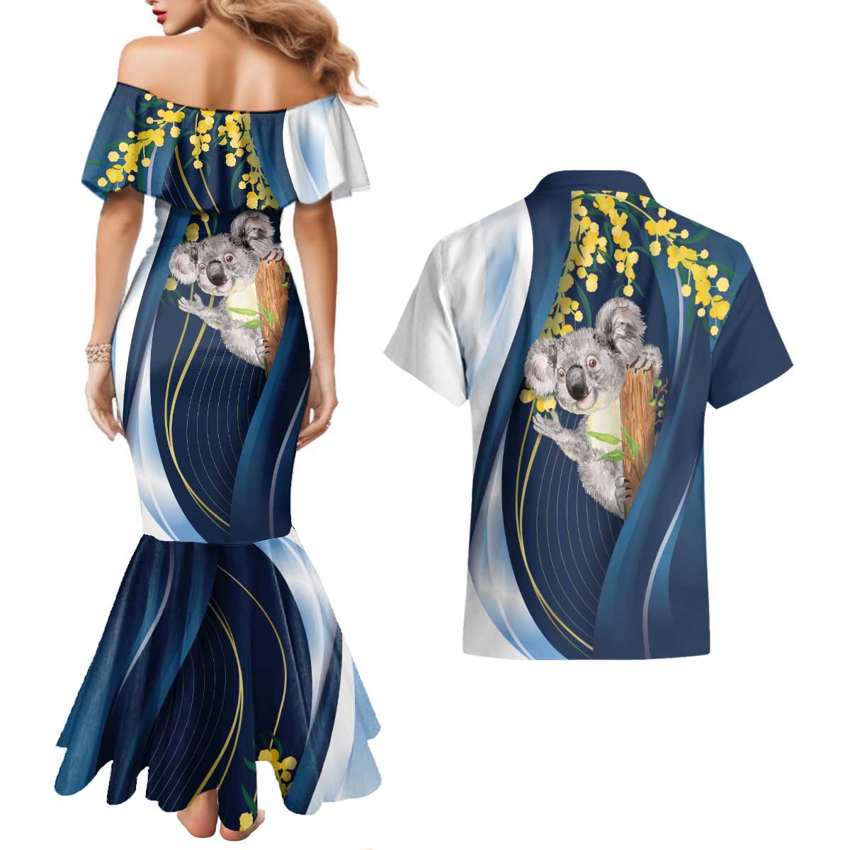 Australia Day Couples Matching Mermaid Dress and Hawaiian Shirt Koala Blue Modern Vibe