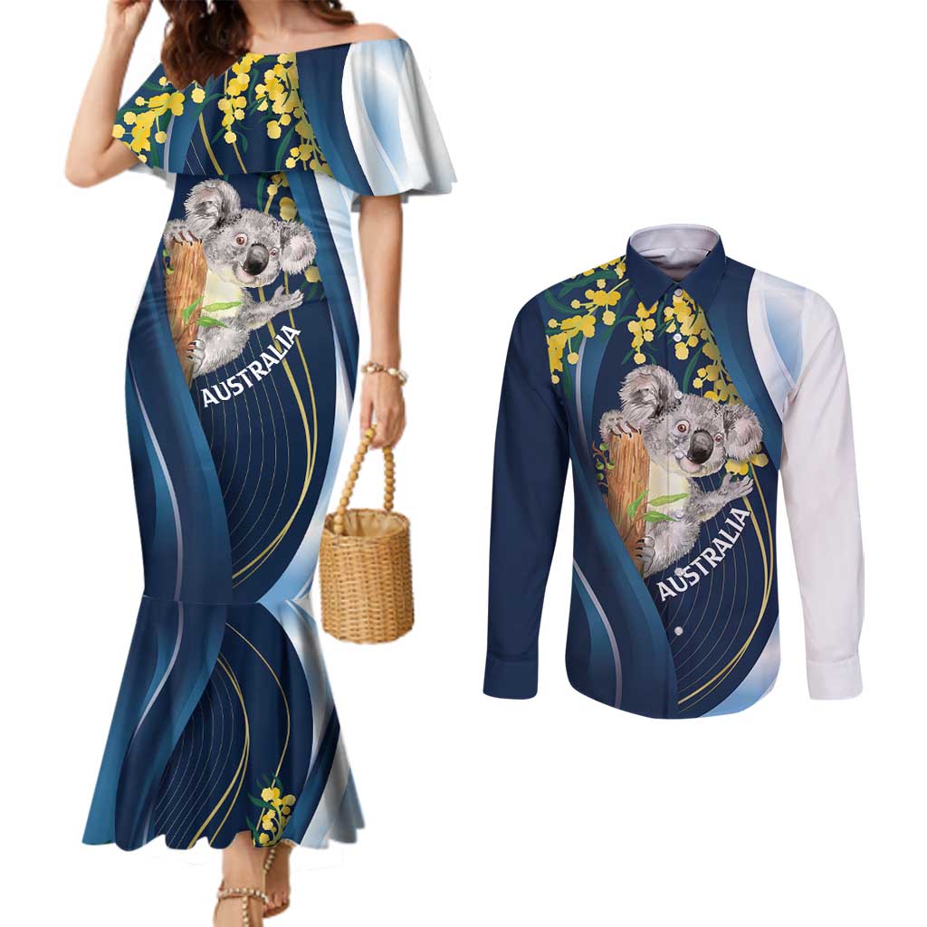 Australia Day Couples Matching Mermaid Dress and Long Sleeve Button Shirt Koala Blue Modern Vibe