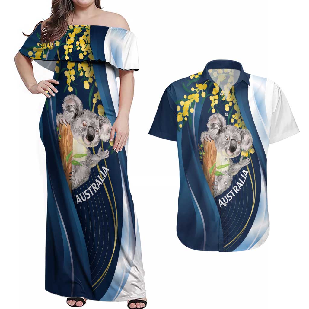 Australia Day Couples Matching Off Shoulder Maxi Dress and Hawaiian Shirt Koala Blue Modern Vibe