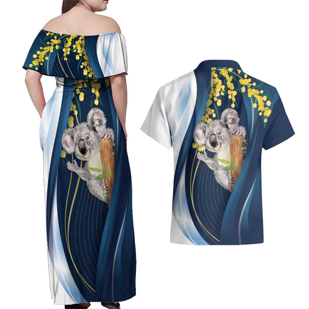 Australia Day Couples Matching Off Shoulder Maxi Dress and Hawaiian Shirt Koala Blue Modern Vibe