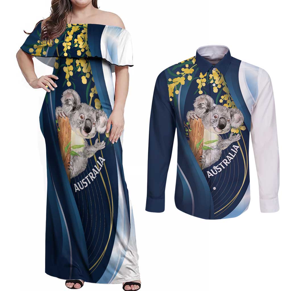 Australia Day Couples Matching Off Shoulder Maxi Dress and Long Sleeve Button Shirt Koala Blue Modern Vibe