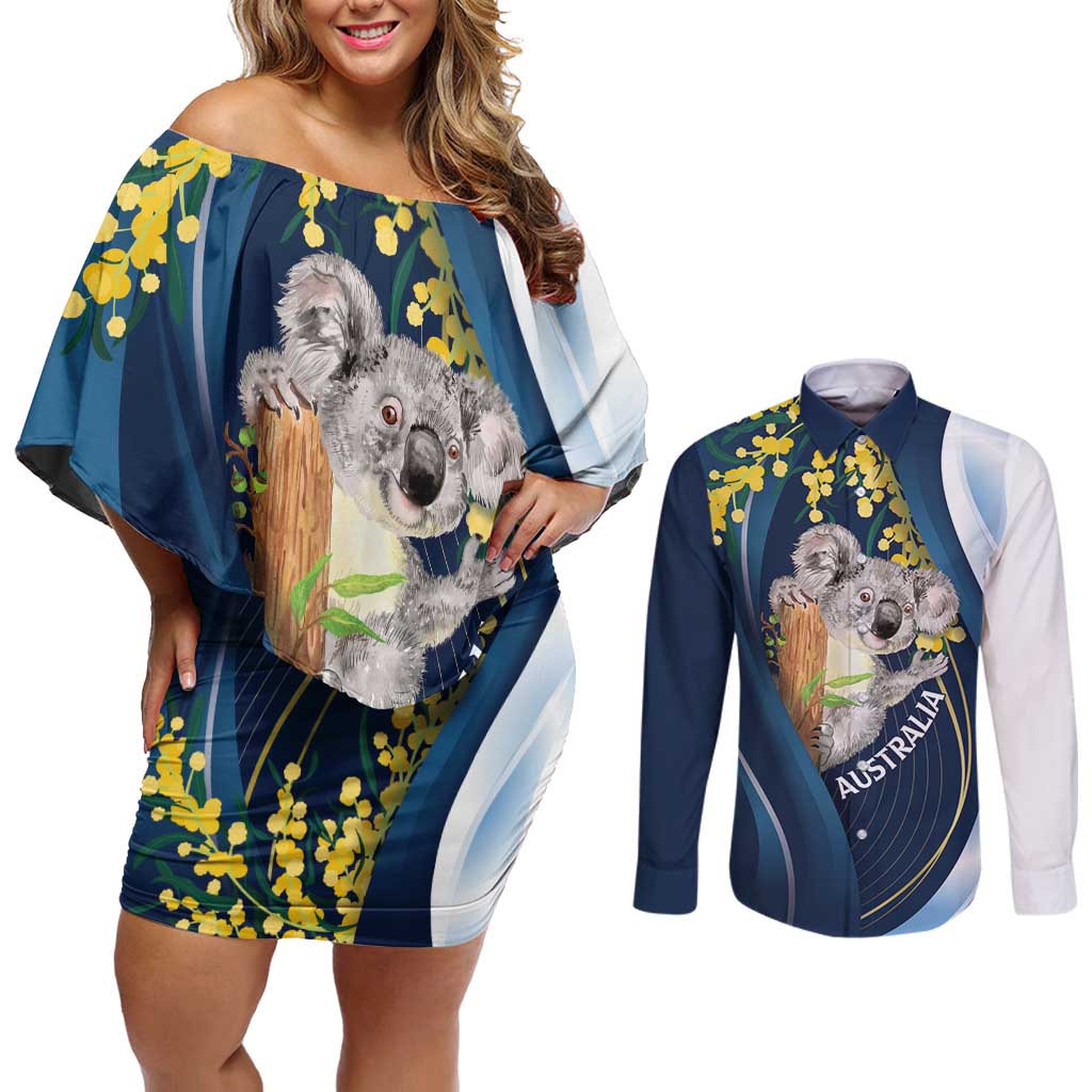 Australia Day Couples Matching Off Shoulder Short Dress and Long Sleeve Button Shirt Koala Blue Modern Vibe