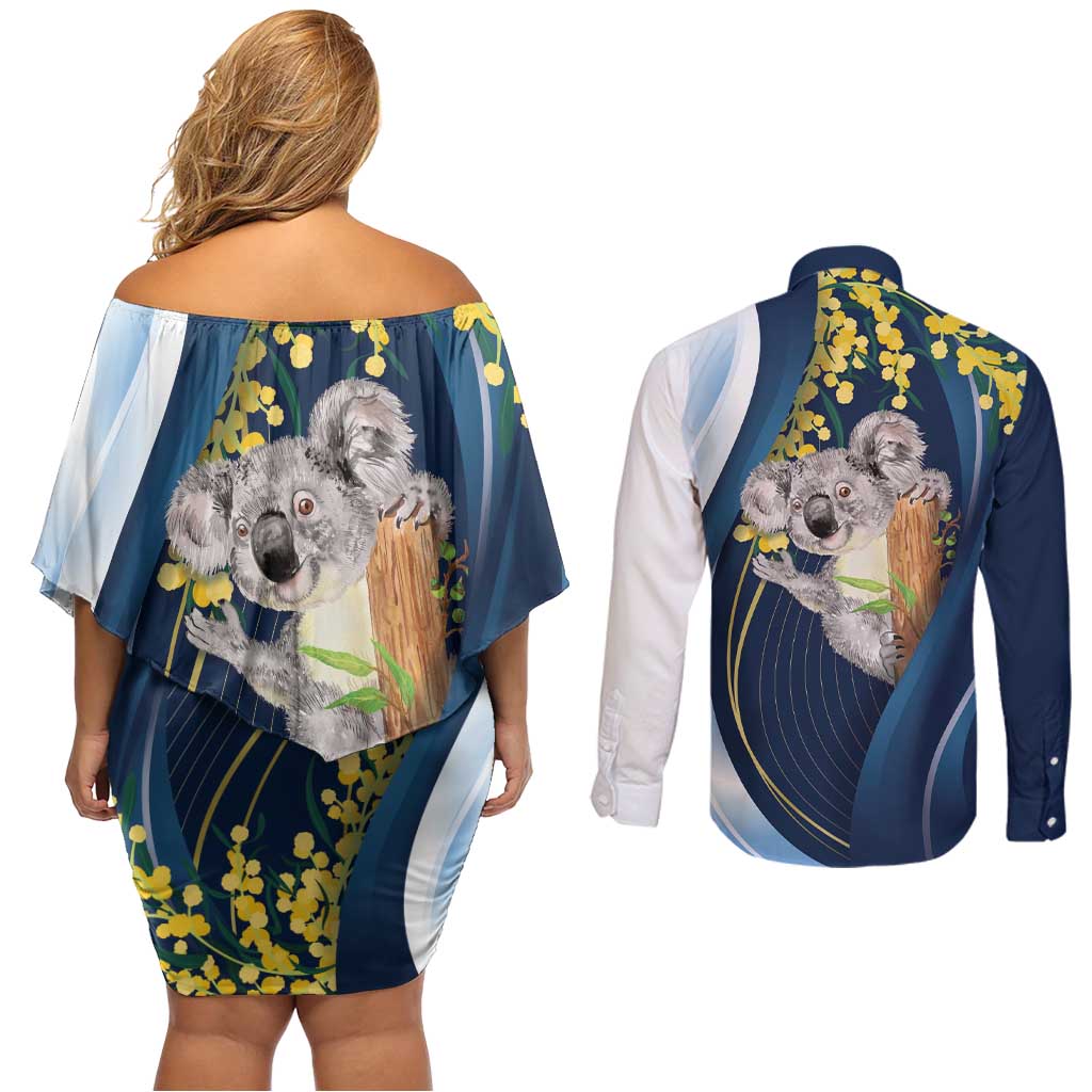 Australia Day Couples Matching Off Shoulder Short Dress and Long Sleeve Button Shirt Koala Blue Modern Vibe