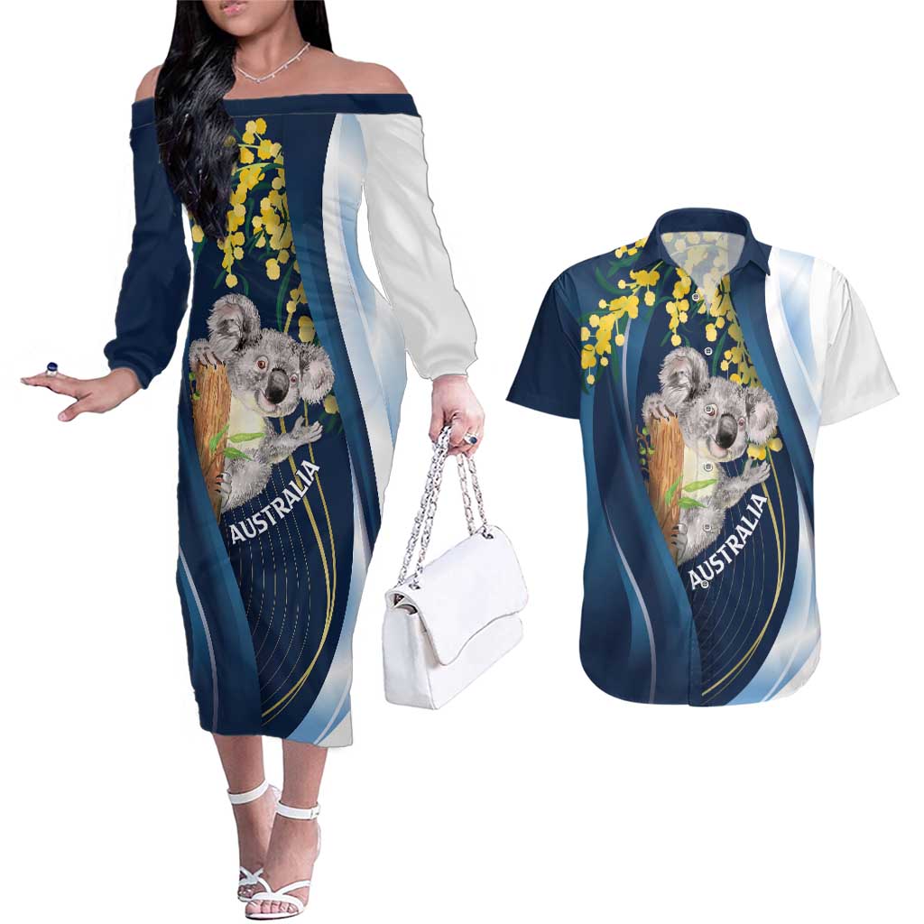 Australia Day Couples Matching Off The Shoulder Long Sleeve Dress and Hawaiian Shirt Koala Blue Modern Vibe