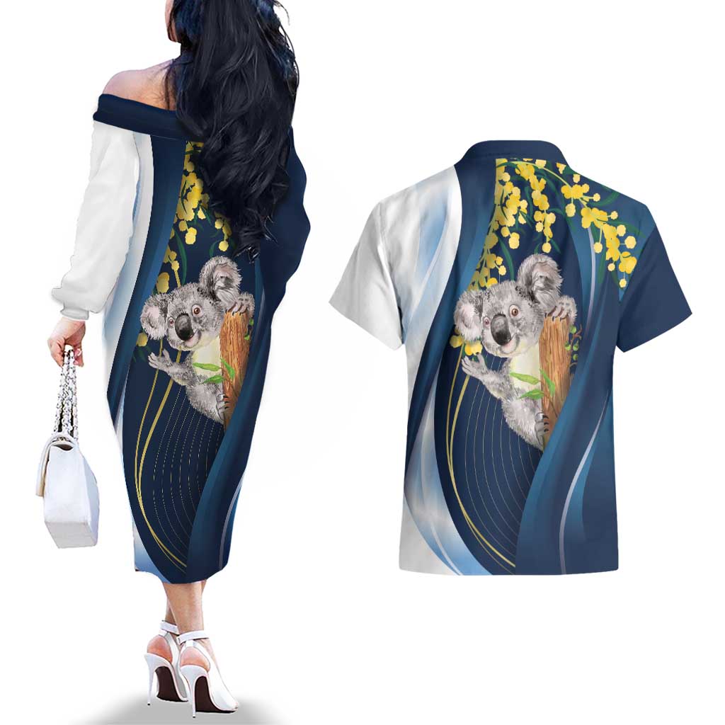 Australia Day Couples Matching Off The Shoulder Long Sleeve Dress and Hawaiian Shirt Koala Blue Modern Vibe