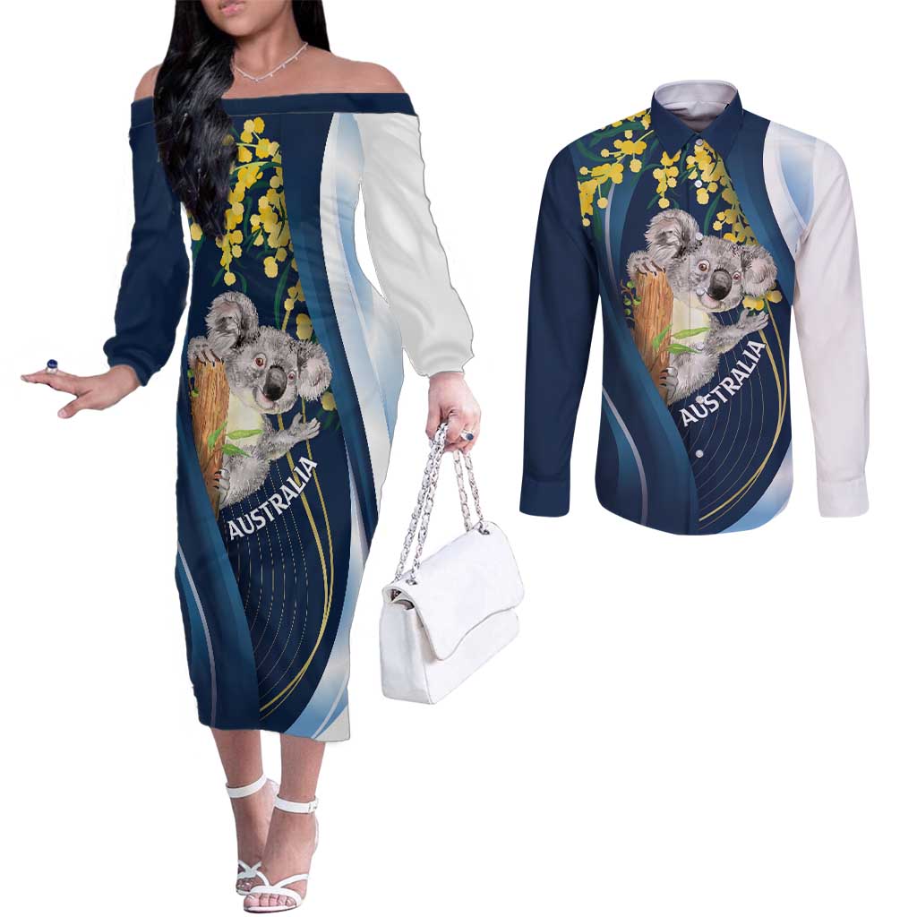 Australia Day Couples Matching Off The Shoulder Long Sleeve Dress and Long Sleeve Button Shirt Koala Blue Modern Vibe